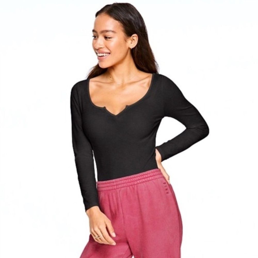 PINK Victoria's Secret Form Fitting Long Sleeve Pull On Thong Bodysuit Black